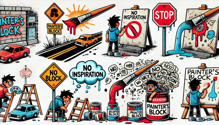 AI generated image depicting artists block. With roadblock signs saying stop and artists thinking but not painting. In a cartoon style.