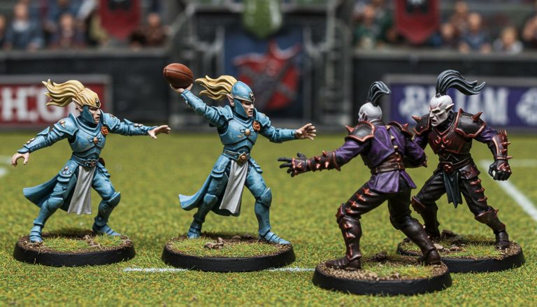 AI generated image of two blood bowl teams wearing different coloured sports gear.