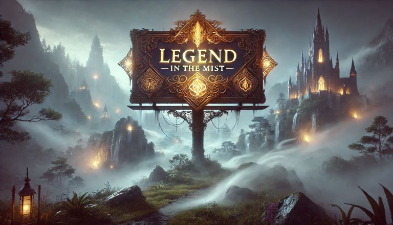 AI generated image of a fantasy themed street sign advertising Legend in the Mist.