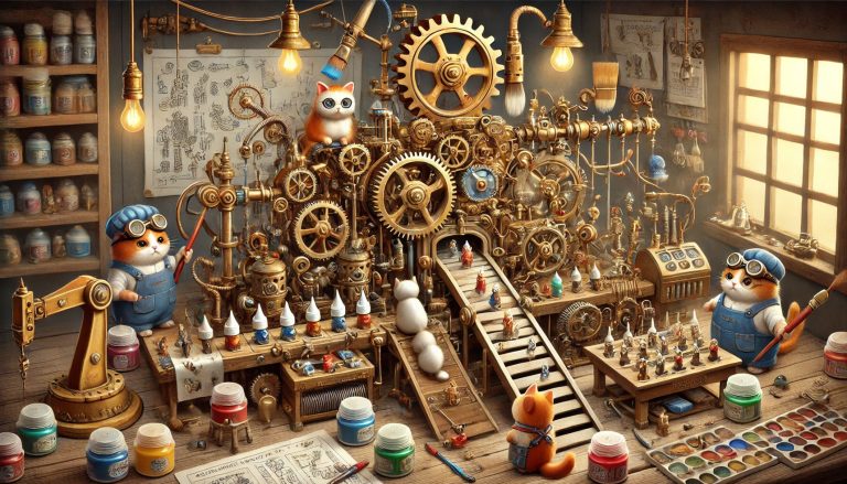 AI generated image of a wild Wallace and Gromit style miniature painting machine.