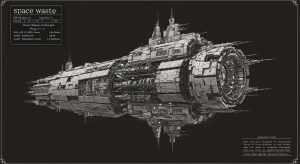 AI generated blueprint style image of futuristic space hulk. A 3D render on a black background. Space hulk is a large collection of space waste bolted together to create a very large spaceship.