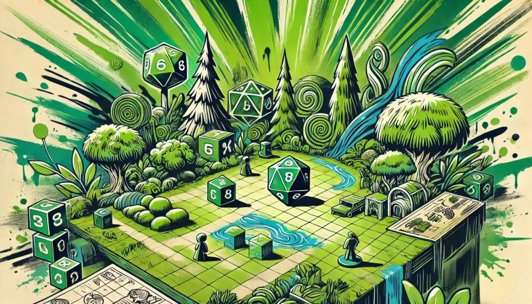 AI generated image of a board game made out of a forest. With trees for pieces. Tabletop games sustainability.