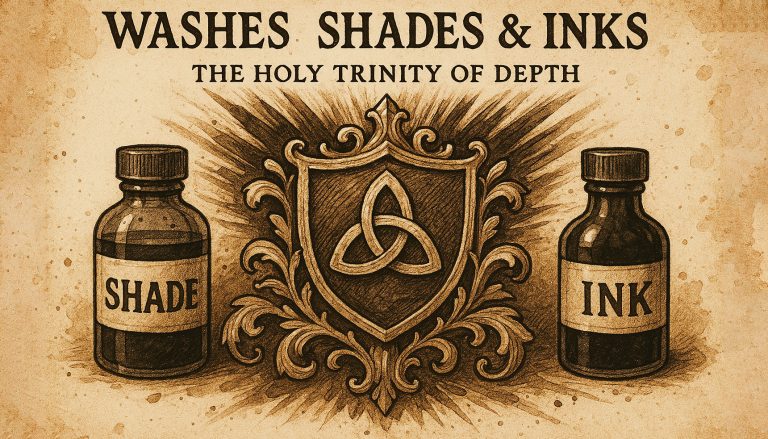 AI generated image of a sepia poster for miniature painting washes, shades and inks.