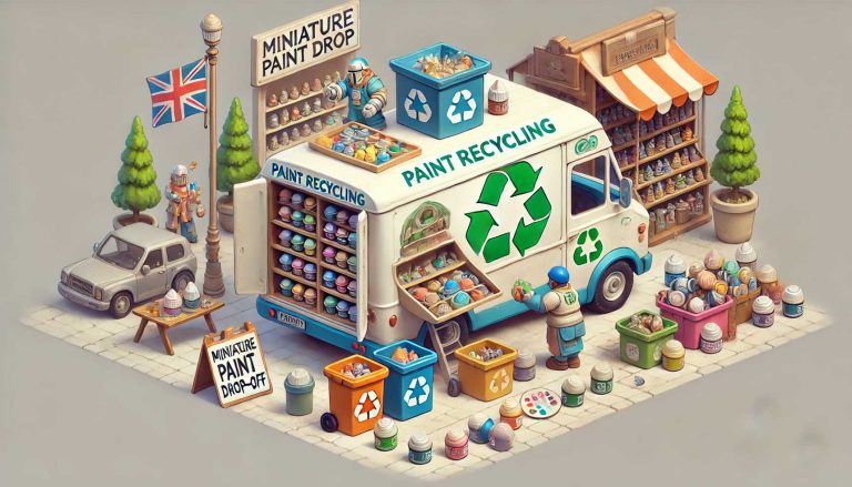 AI generated image about sustainable tabletop gaming. A specialist mobile miniature paint recycling service.