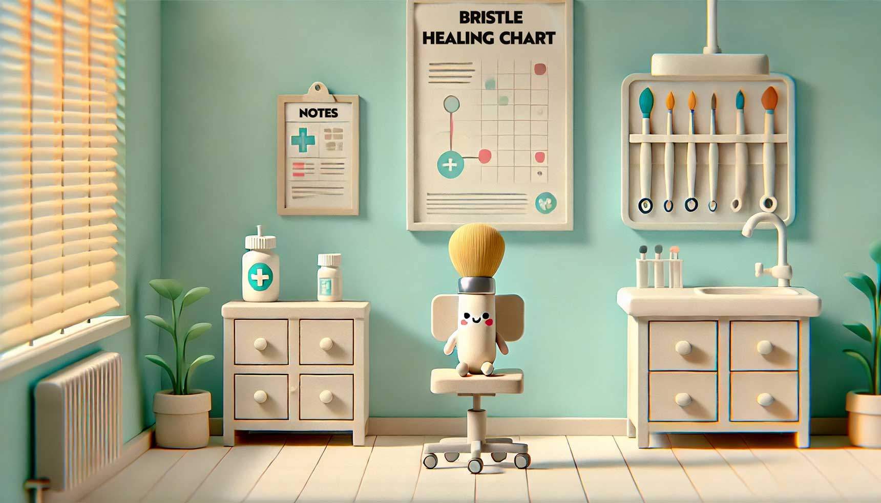 AI generated image depicting a smiling paintbrush in a doctors surgery.