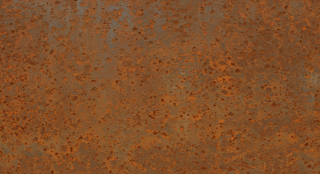 A rectangle of sheet steel showing heavy level of rusting. I am calling it level four of six. This sheet is heavily rusted all over and starting to look flaky. Small areas of mild rust still visible.