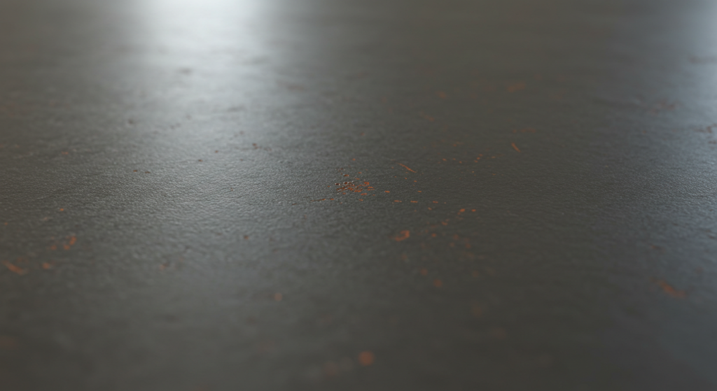 A rectangle of sheet steel showing very mild level of rusting. I am calling it level one of six. The beginnings of rust.