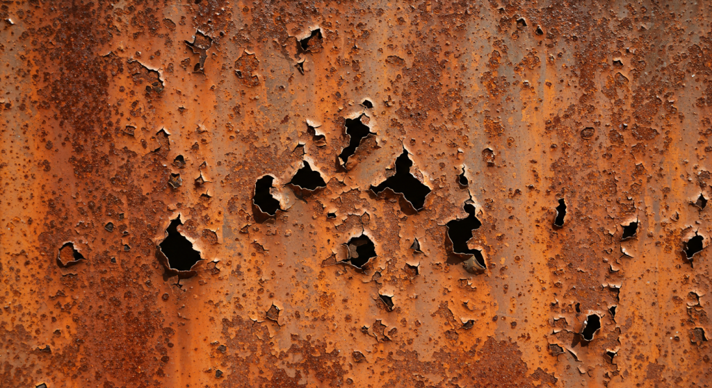 A rectangle of sheet steel showing heavy level of rusting. I am calling it level six of six. This sheet is heavily and very deeply rusted. Some places have rusted completely through and created holes.