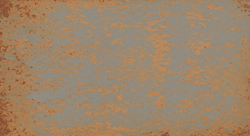 A rectangle of sheet steel showing medium level of rusting. I am calling it level three of six. The small patches of rust from level two are starting to join up and penetrate a little deeper into the metal.