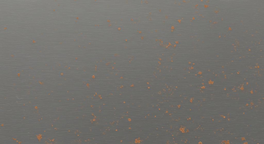 A rectangle of sheet steel showing mild level of rusting. I am calling it level two of six. Small patches of rust on the surface.