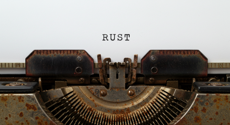 AI generated image. Close up of a rusty vintage typewriter that has just typed the word RUST on a sheet of white paper.