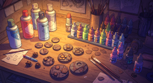 Painting table with bases in progress. Various dropper bottles, spray cans and brushes sit on the table.