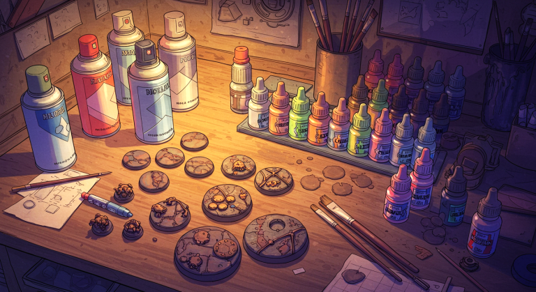 Painting table with bases in progress. Various dropper bottles, spray cans and brushes sit on the table.